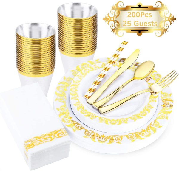 200 Pieces Gold Plastic Disposable Dinnerware Set (Service for 25) Via Amazon Cheap