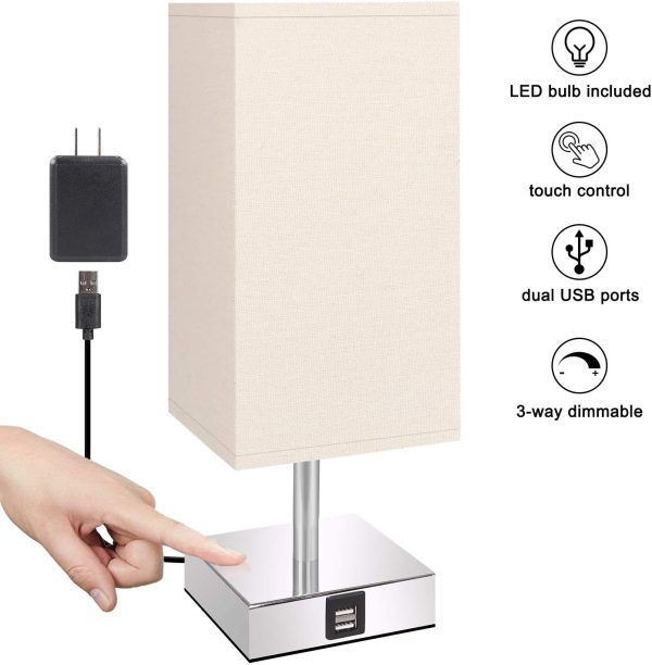 Touch Control Table Lamp with Dual USB Charging Ports(LED Bulb Included), 3 Way dimmable Via Amazon Supply