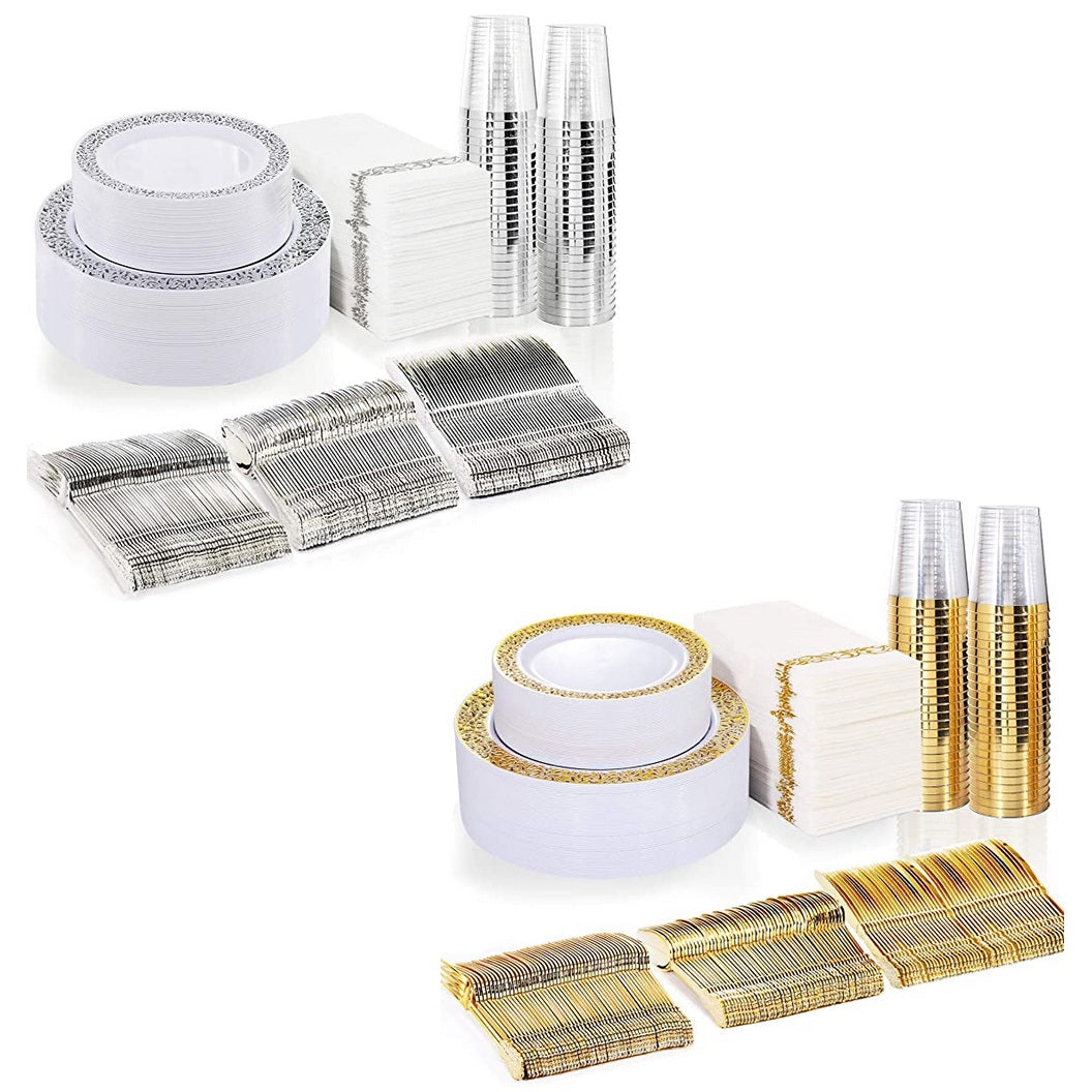 BUCLA 350PCS Silver Gold Plastic Plates with Disposable Plastic Silverware Via Amazon For Discount